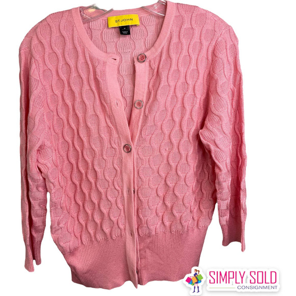 St. John Women's Cardigan Sweater Long Sleeve Button-Up Pink Knit Wool Cable M - Picture 1 of 14